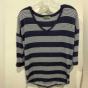 Market & Spruce Denim Blue and Off-White Striped V-Neck Top